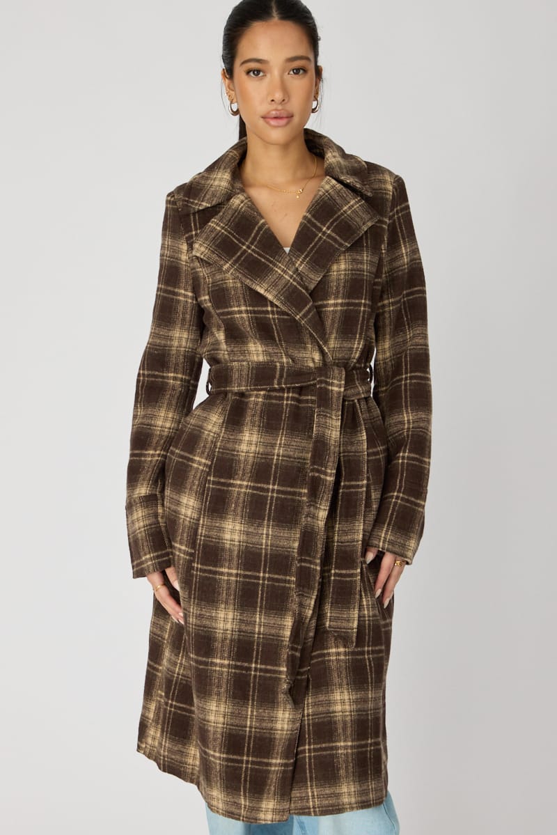 Brown Check Belted Coat Knee Length Long Sleeve for Ally Fashion