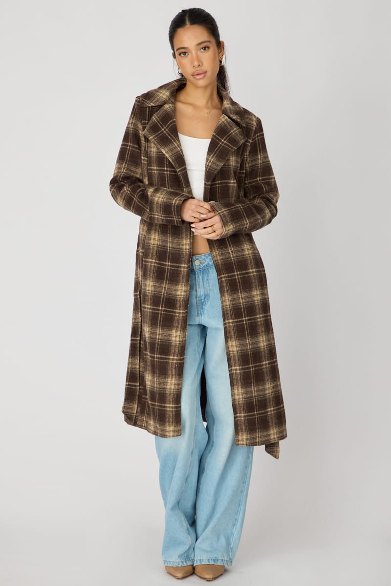 Brown Check Belted Coat Knee Length Long Sleeve for Ally Fashion