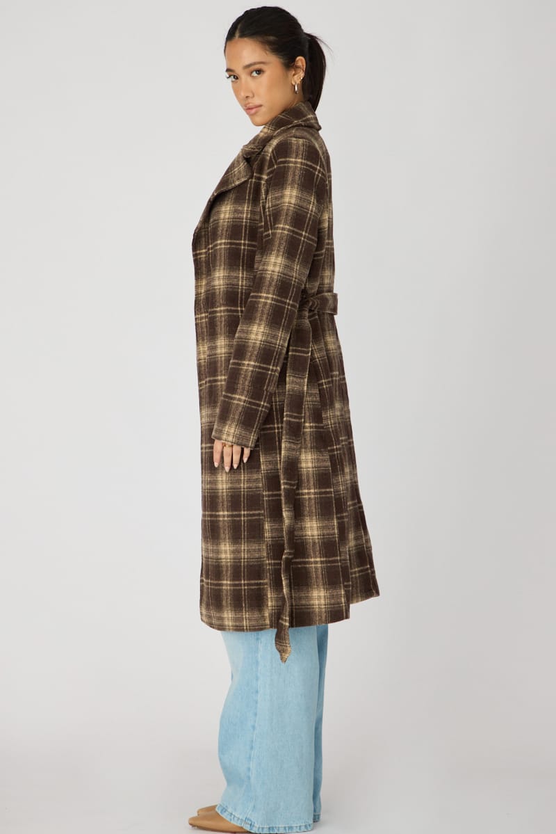 Brown Check Belted Coat Knee Length Long Sleeve for Ally Fashion