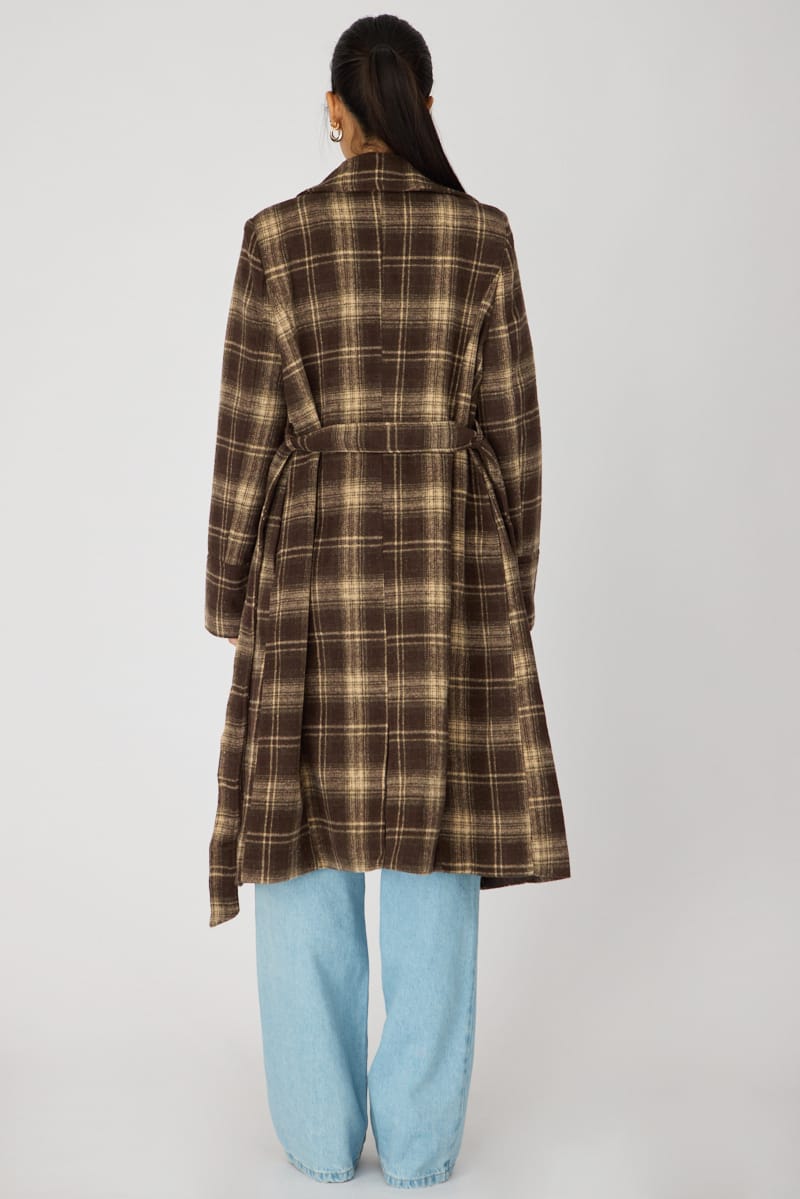 Brown Check Belted Coat Knee Length Long Sleeve for Ally Fashion
