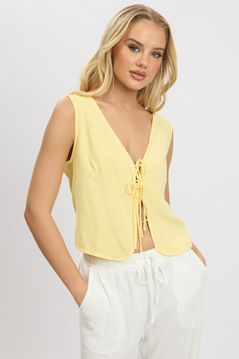 Yellow Abstract Tie Up Top Linen for Ally Fashion