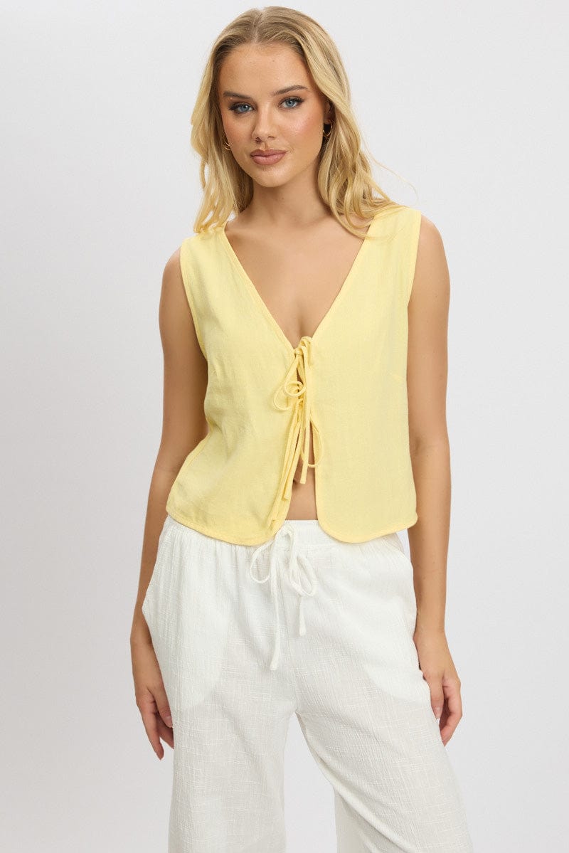 Yellow Abstract Tie Up Top Linen for Ally Fashion