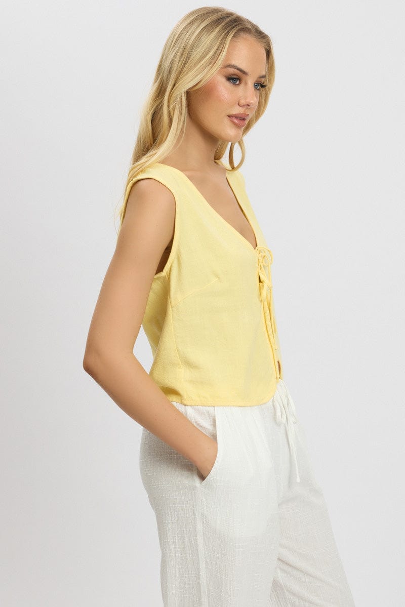 Yellow Abstract Tie Up Top Linen for Ally Fashion