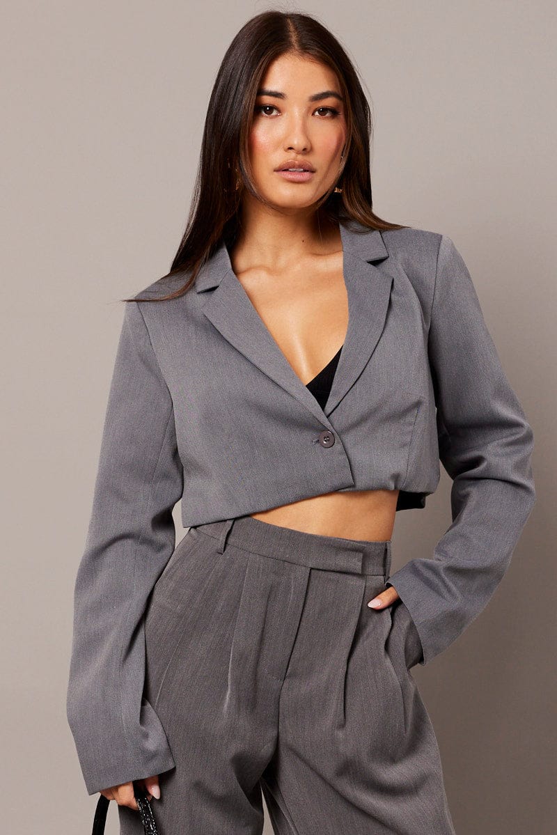 Grey Crop Blazer Jacket for Ally Fashion