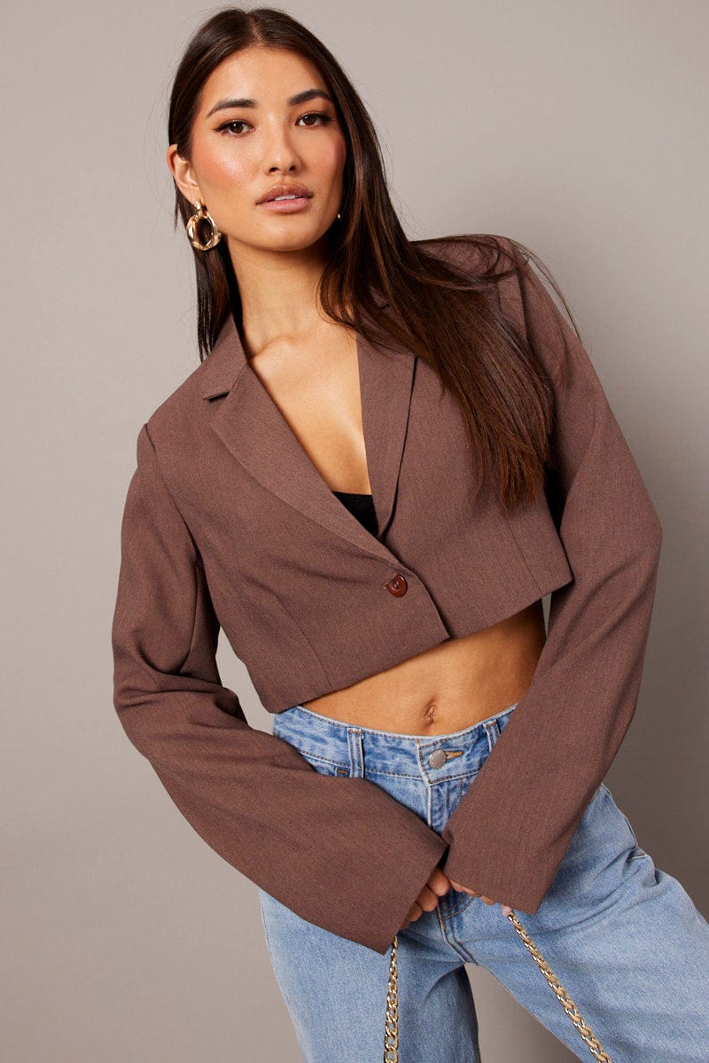 Brown Crop Blazer Jacket for Ally Fashion