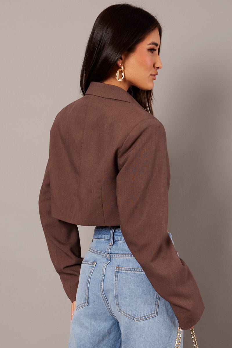 Brown Crop Blazer Jacket for Ally Fashion