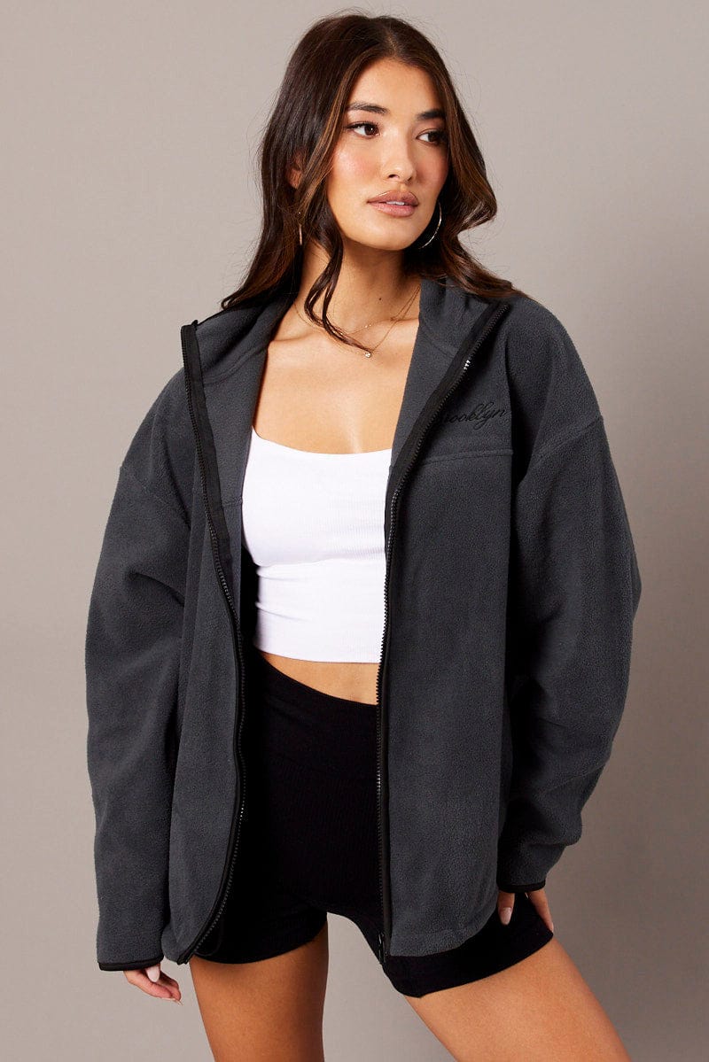 Grey Jacket Long Sleeve Fleece for Ally Fashion
