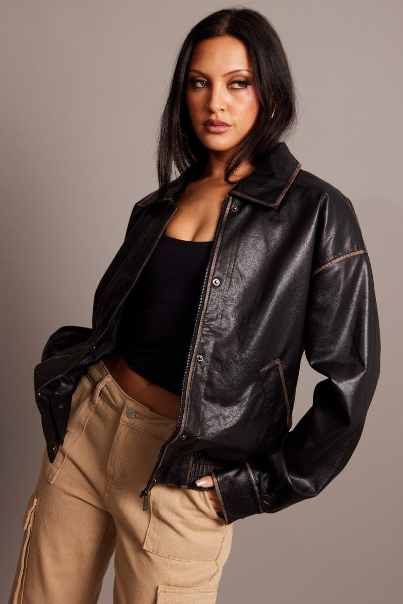 Black Faux Leather Jacket Washed for Ally Fashion