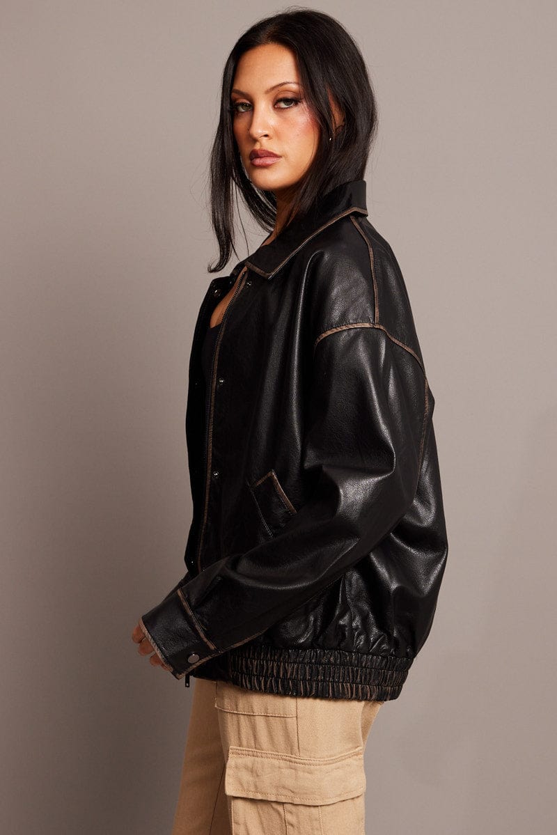 Black Faux Leather Jacket Washed for Ally Fashion