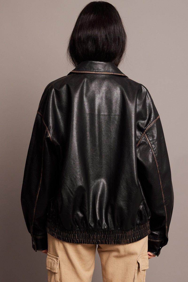 Black Faux Leather Jacket Washed for Ally Fashion