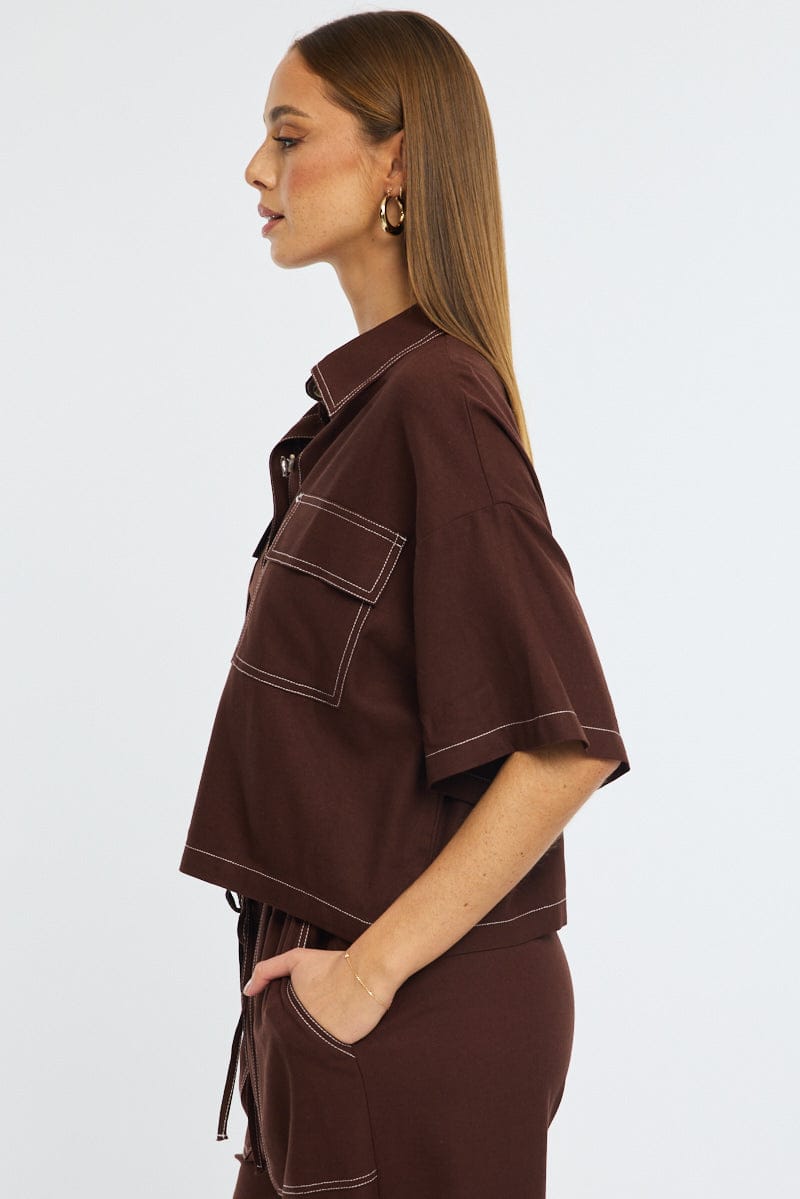 Brown Outpocket Jacket Short Sleeve for Ally Fashion
