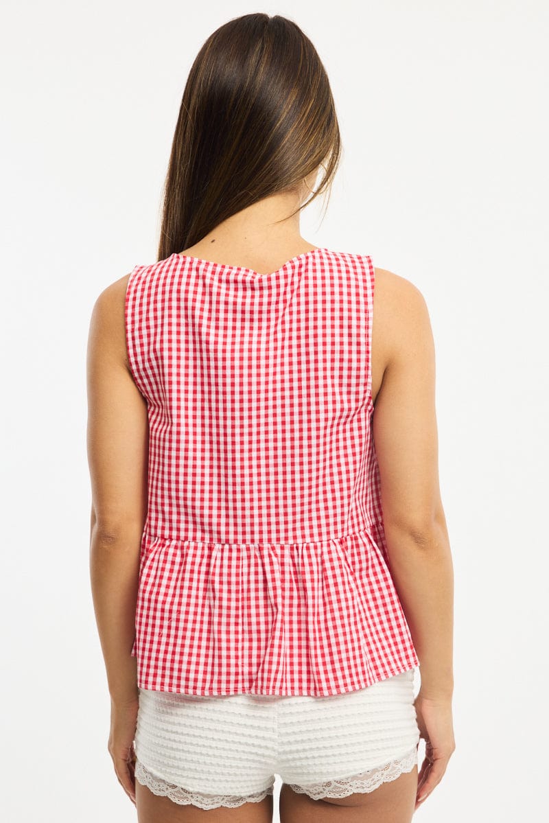 Red Check Sleeveless Tie Top for Ally Fashion