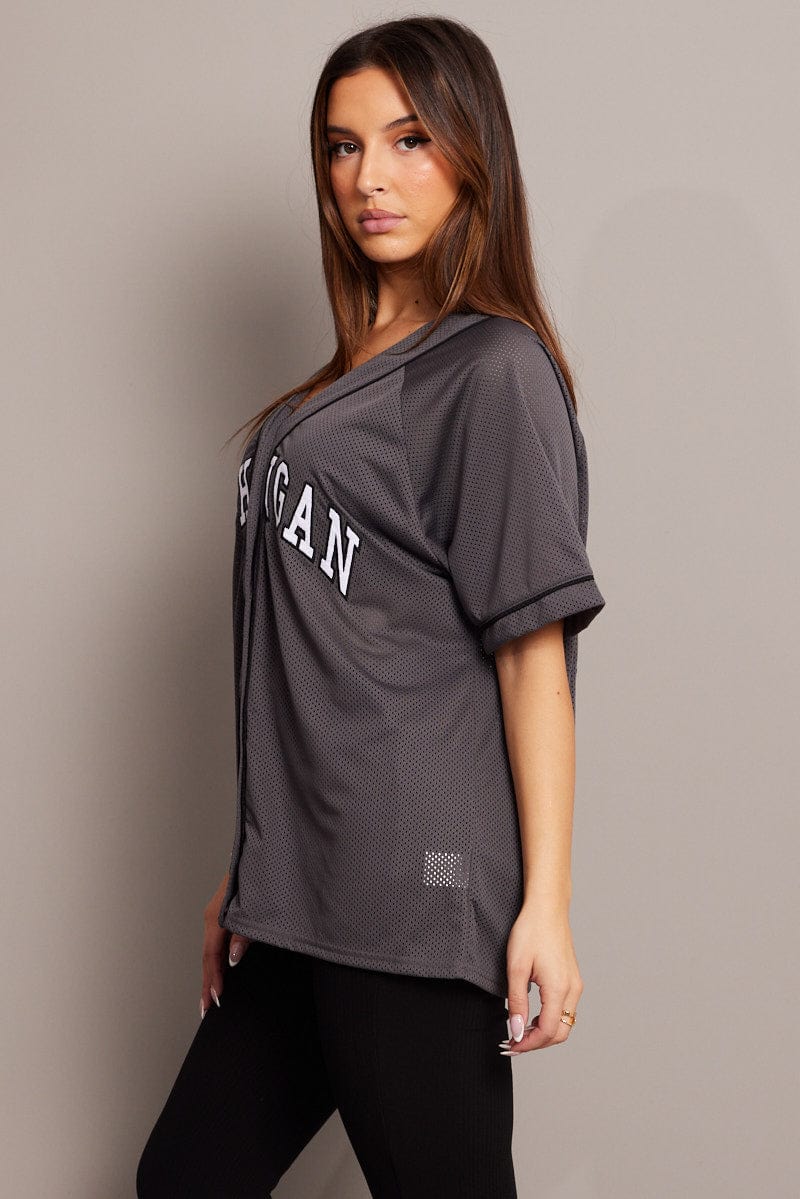 Grey Graphic Top Oversized Short Sleeve for Ally Fashion