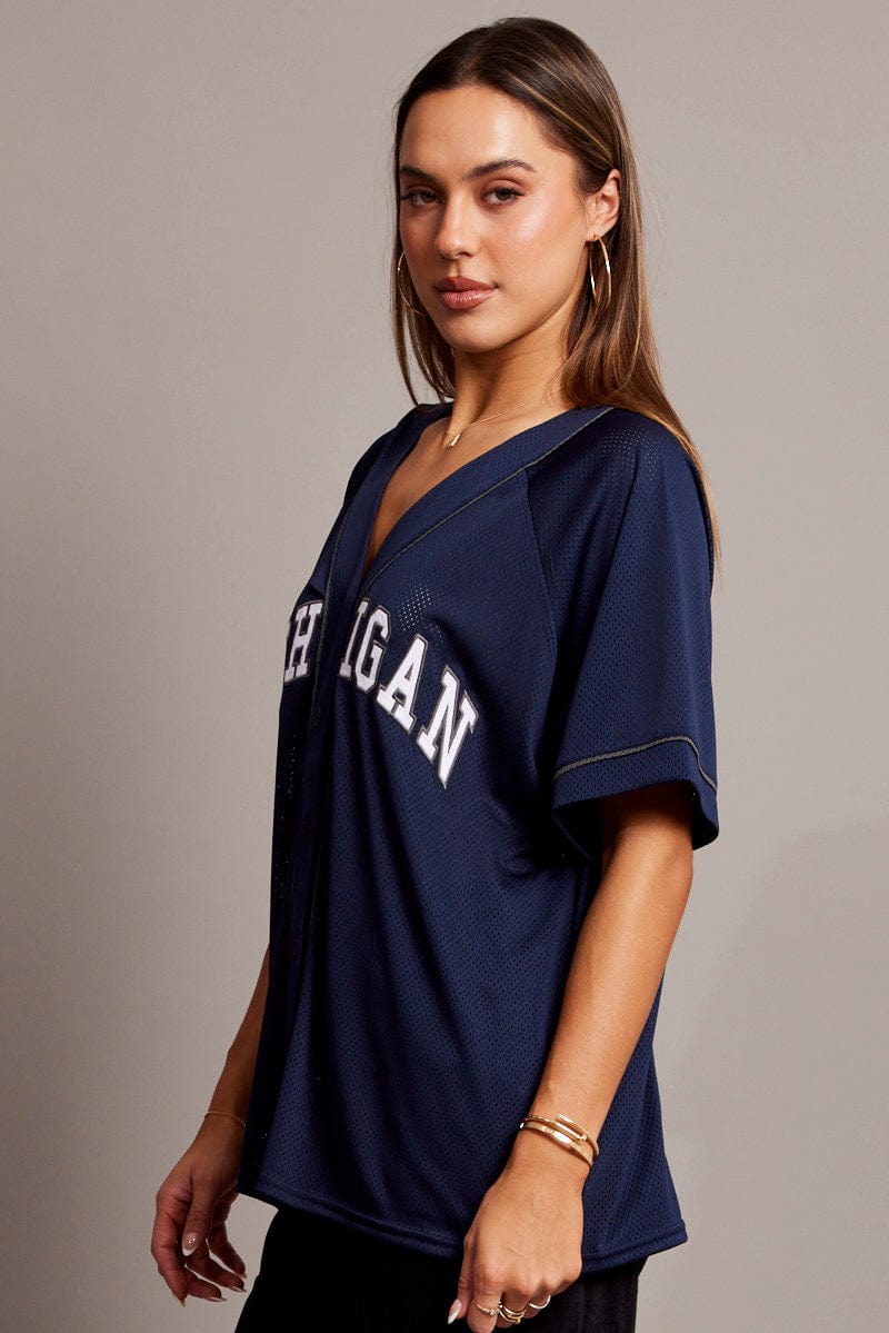 Blue Graphic Top Oversized Short Sleeve for Ally Fashion