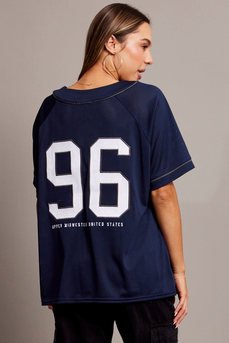 Blue Graphic Top Oversized Short Sleeve for Ally Fashion