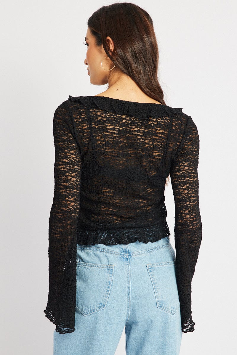 Black Tie Front Frill Top Long Sleeve Lace for Ally Fashion