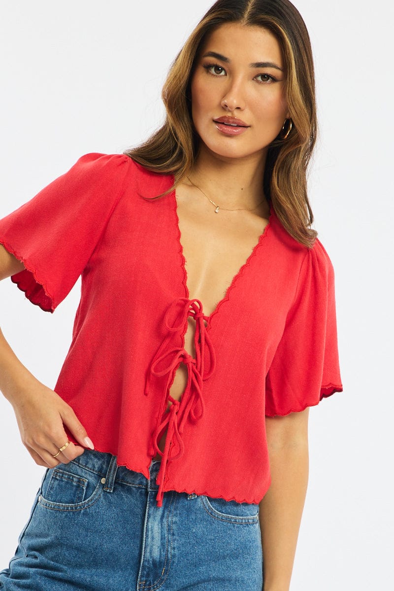 Red Tie Up Short Sleeve for Ally Fashion