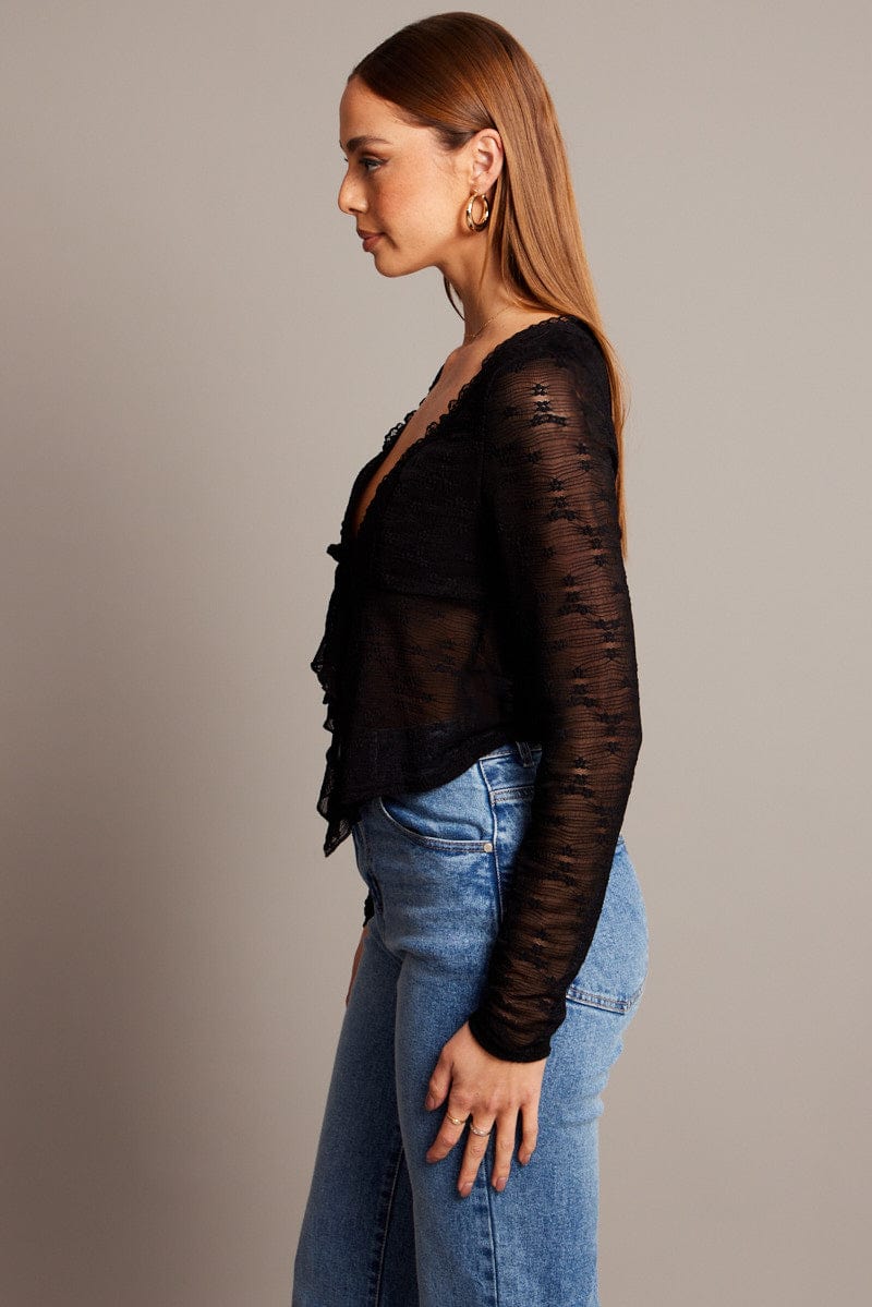 Black Tie Up Front Top Long Sleeve Lace for Ally Fashion