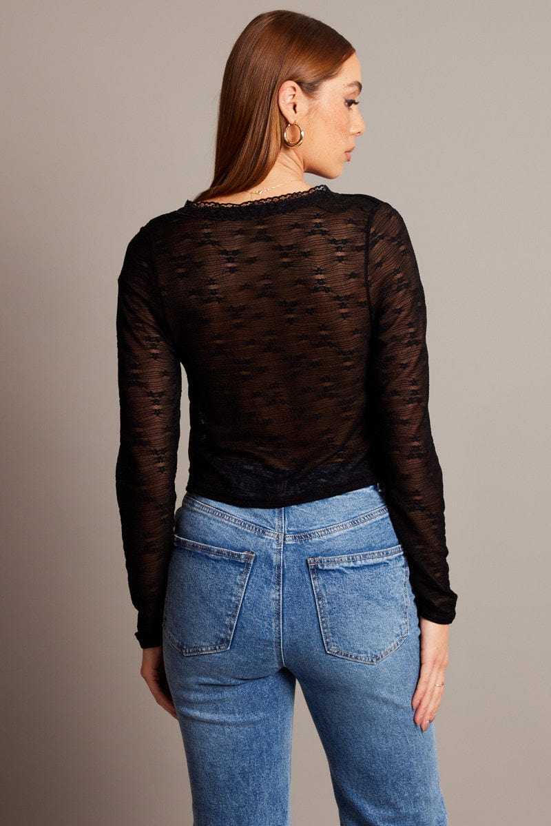 Black Tie Up Front Top Long Sleeve Lace for Ally Fashion