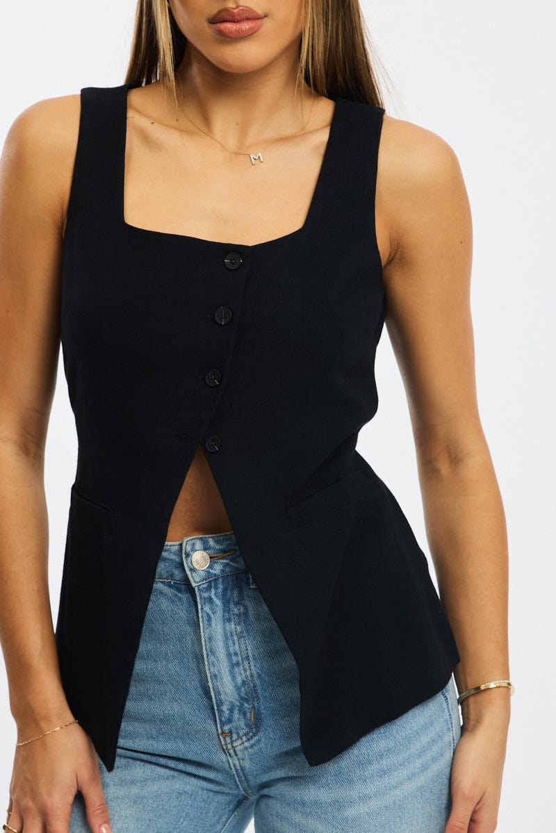 Black Vest Square Neck Button Down for Ally Fashion