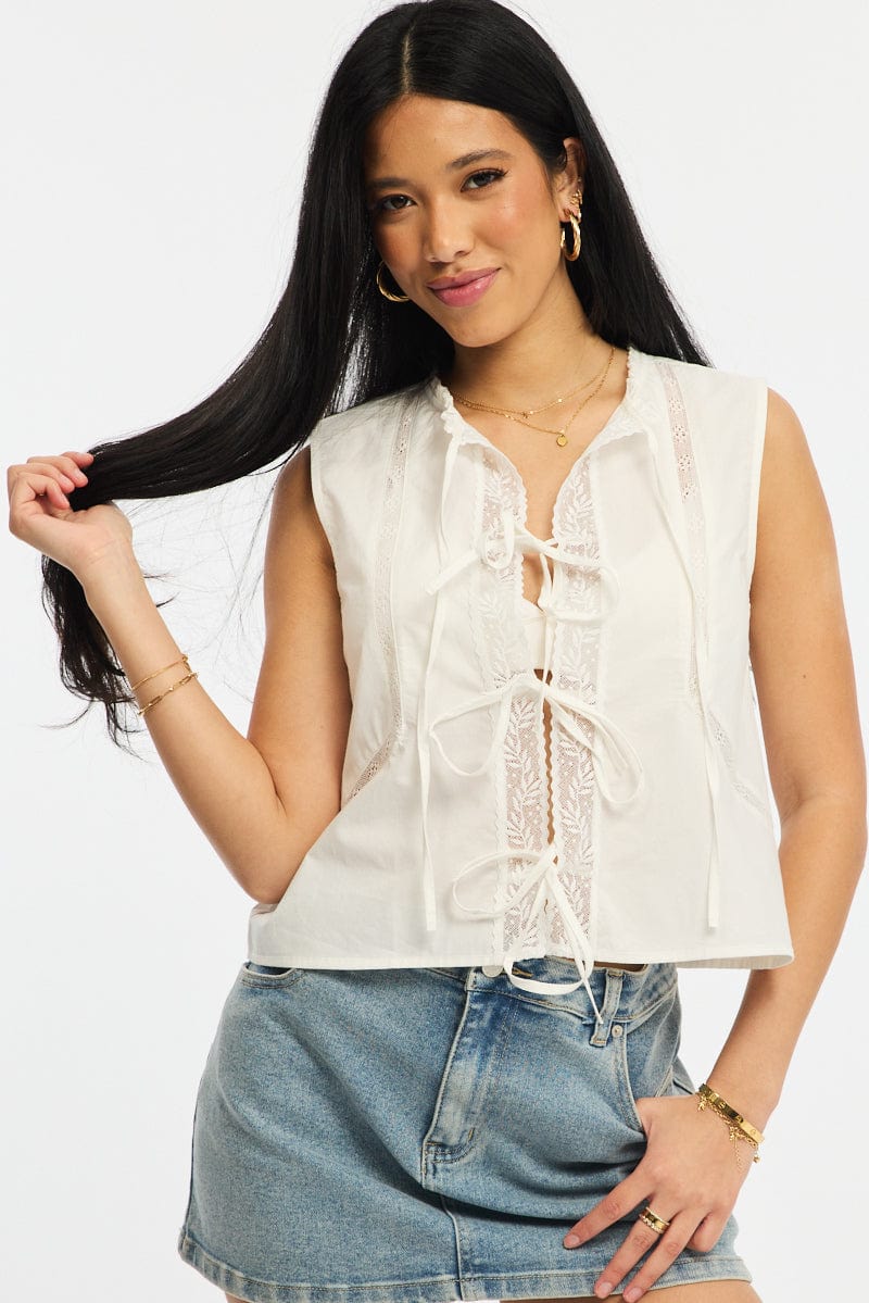 White Embrodiery Tie Up Vest for Ally Fashion