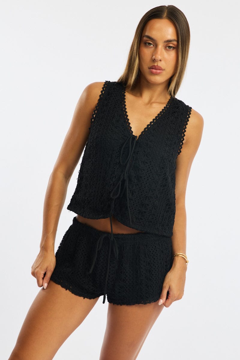 Black Tie Up Lace Vest for Ally Fashion
