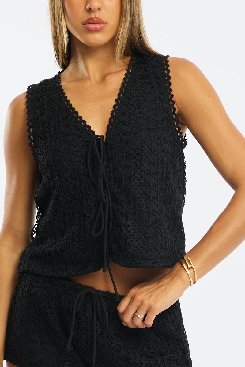 Black Tie Up Lace Vest for Ally Fashion