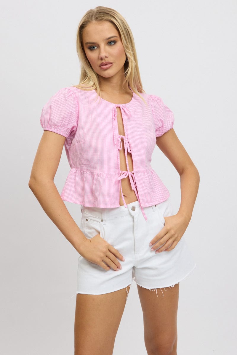 Check Top Pink Mini Pink Check Tie Front Top Puff Sleeve | Ally Fashion