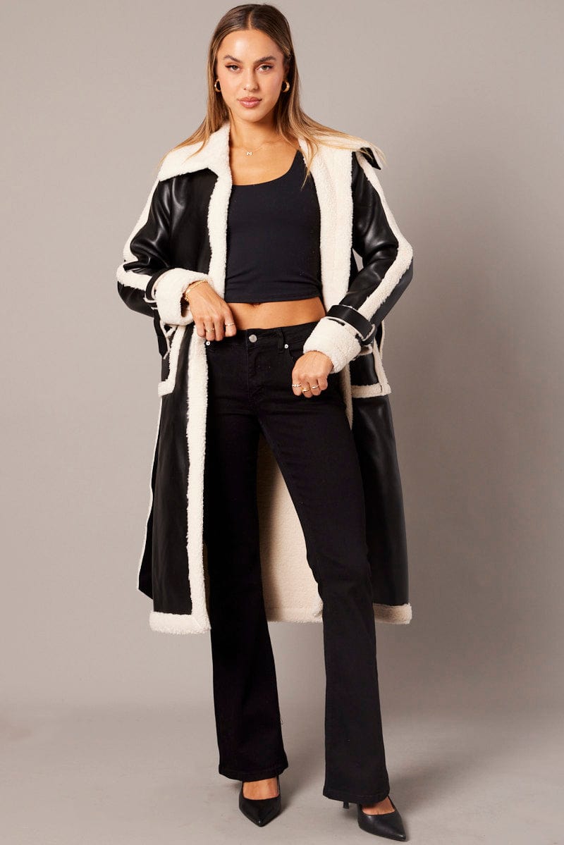 Black Long Coat Shearling Lined Faux Leather for Ally Fashion