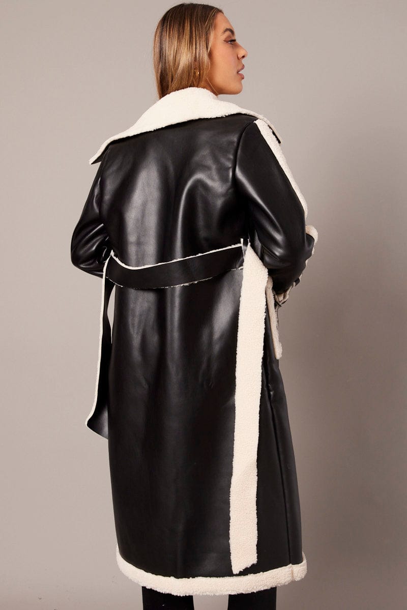 Black Long Coat Shearling Lined Faux Leather for Ally Fashion