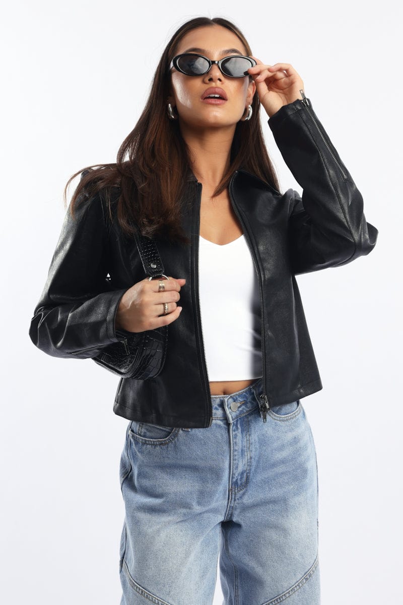 Black Faux Leather Jacket Long Sleeve for Ally Fashion