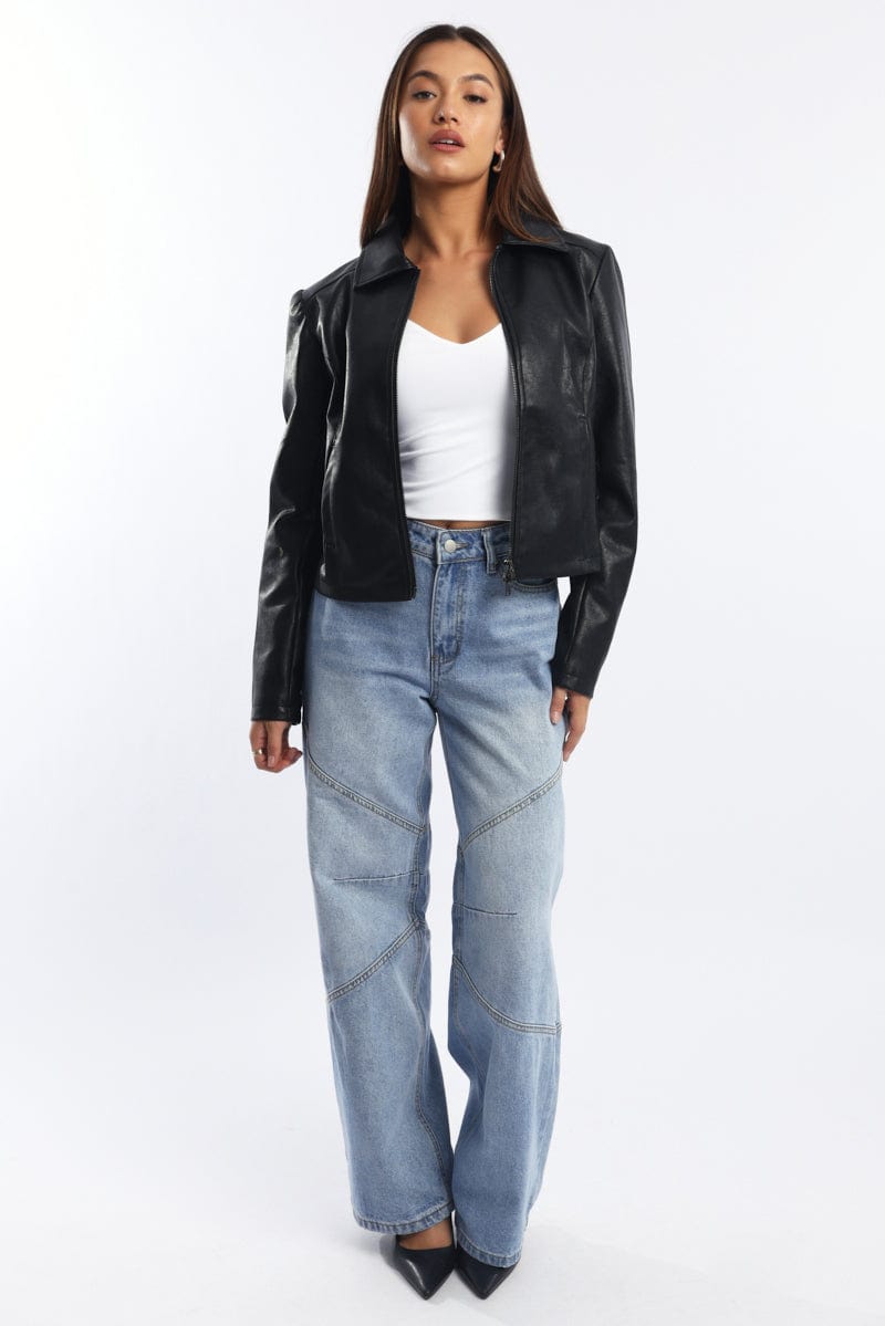 Black Faux Leather Jacket Long Sleeve for Ally Fashion