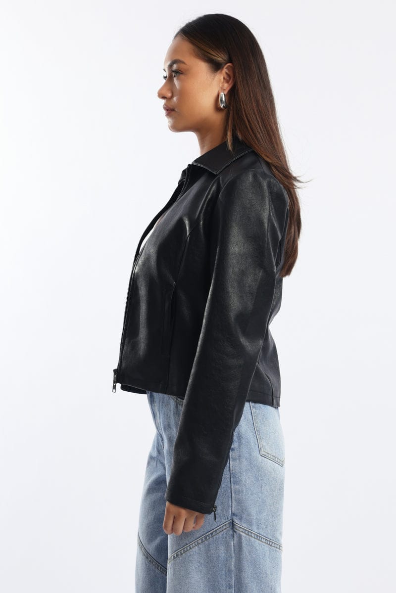 Black Faux Leather Jacket Long Sleeve for Ally Fashion