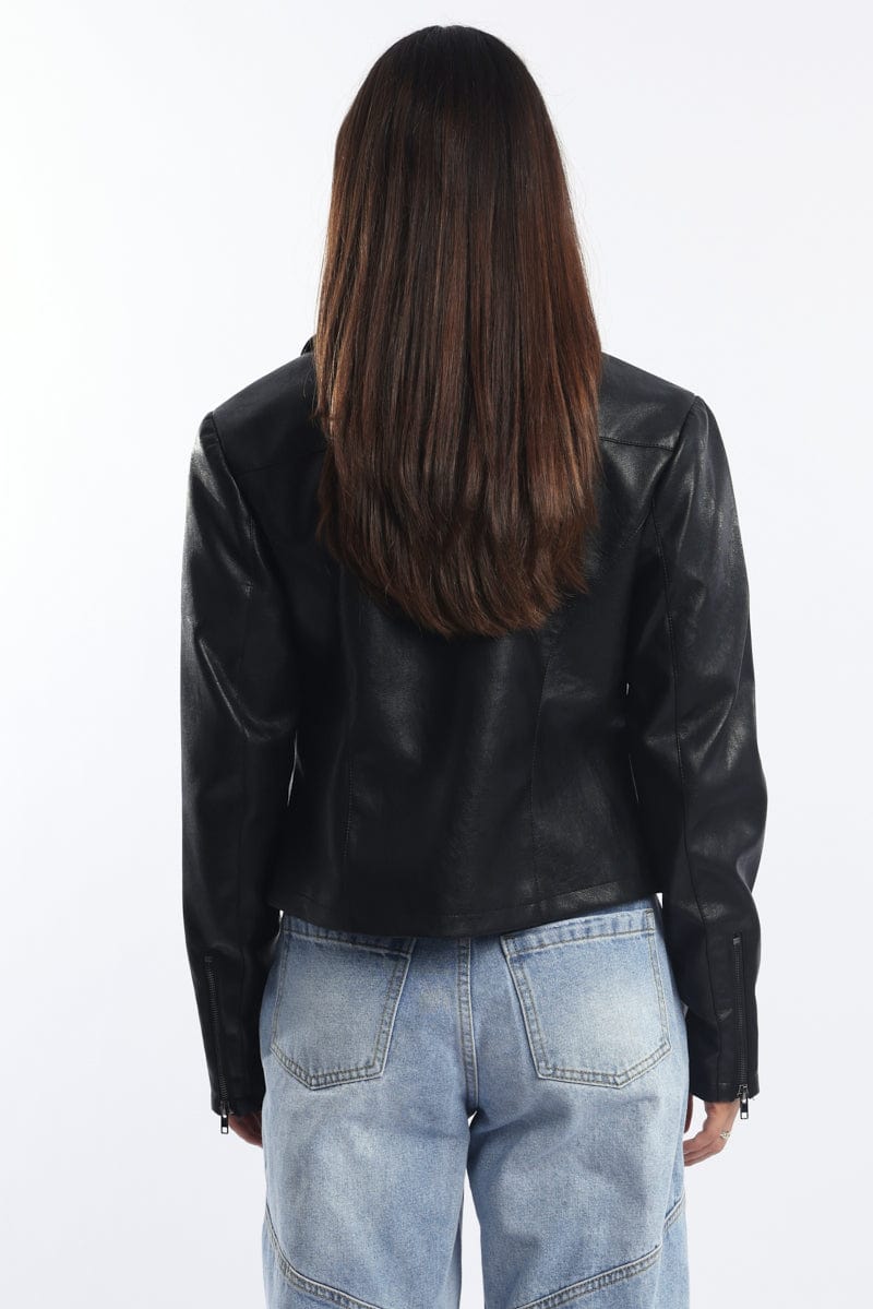 Black Faux Leather Jacket Long Sleeve for Ally Fashion