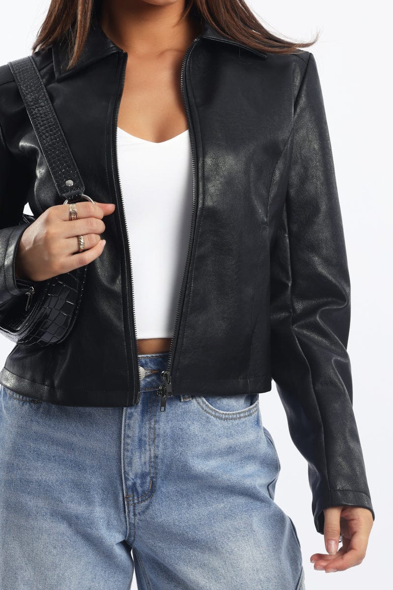 Black Faux Leather Jacket Long Sleeve for Ally Fashion