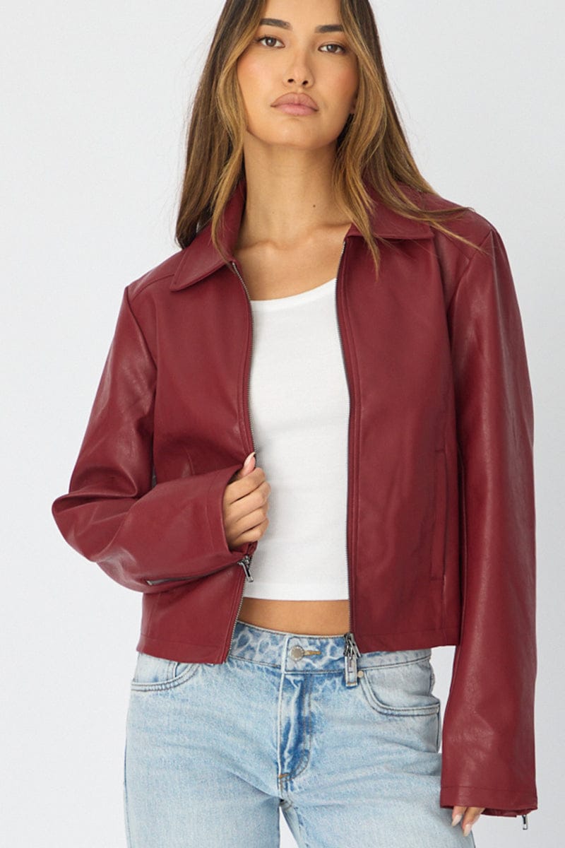 Red Faux Leather Jacket Long Sleeve for Ally Fashion