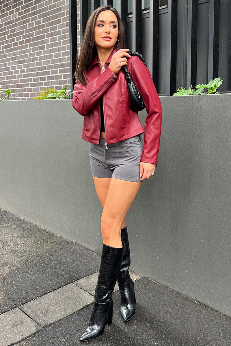 Red Faux Leather Jacket Long Sleeve for Ally Fashion