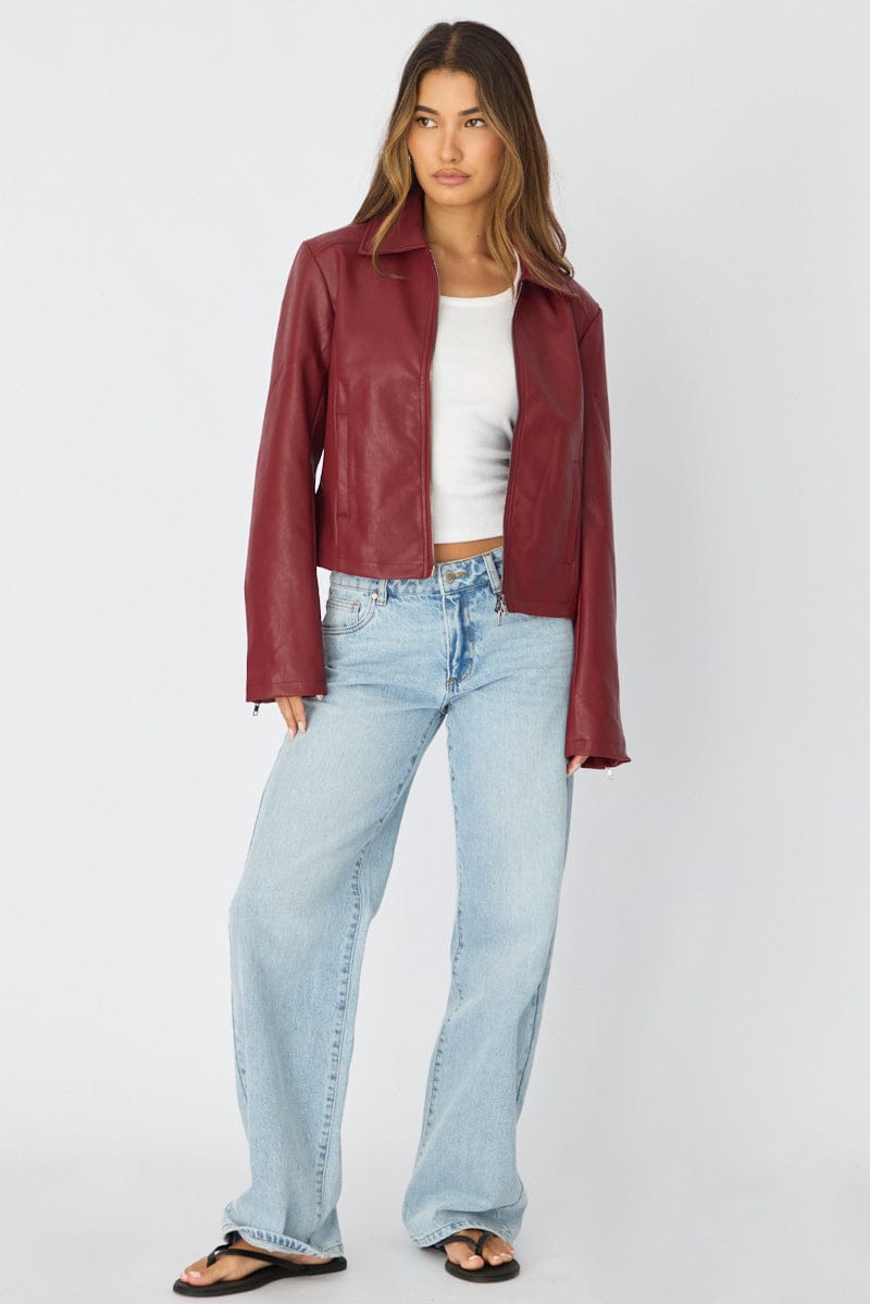 Red Faux Leather Jacket Long Sleeve for Ally Fashion