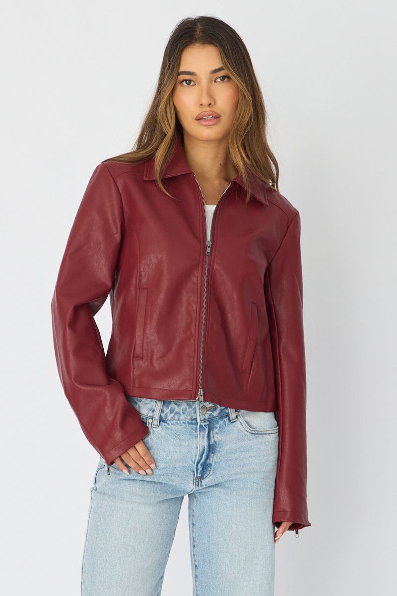 Red Faux Leather Jacket Long Sleeve for Ally Fashion