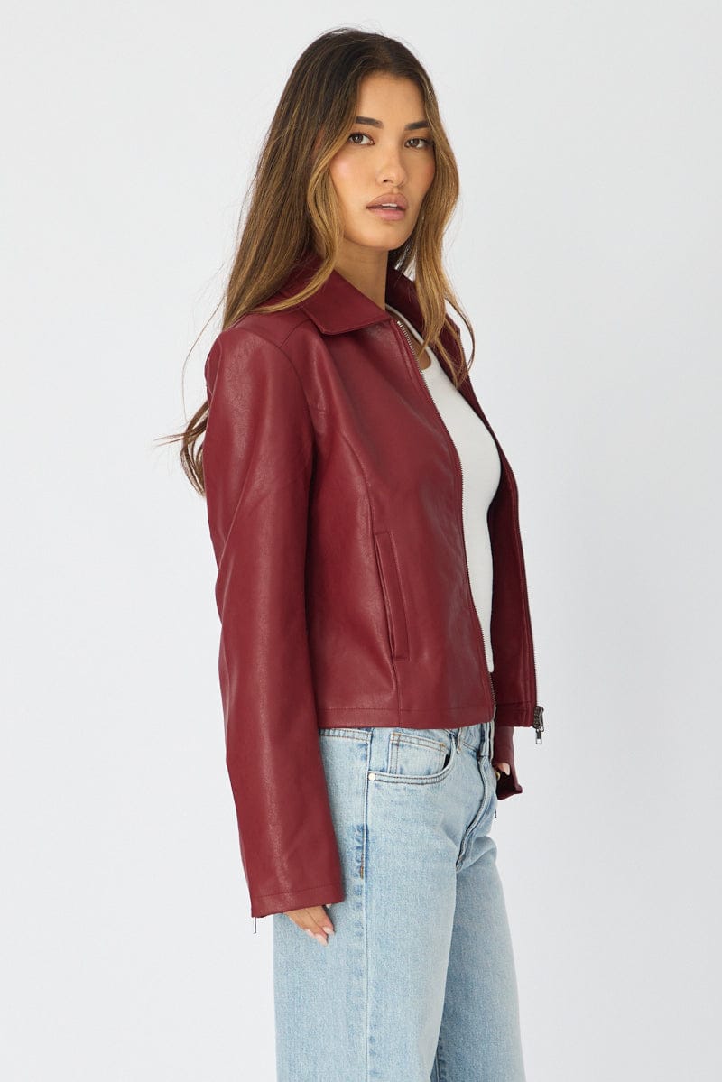 Red Faux Leather Jacket Long Sleeve for Ally Fashion