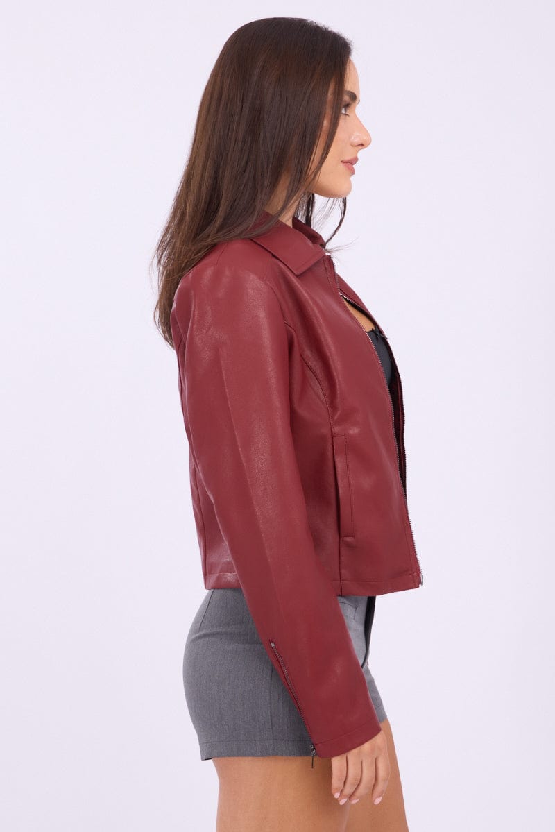 Red Faux Leather Jacket Long Sleeve for Ally Fashion