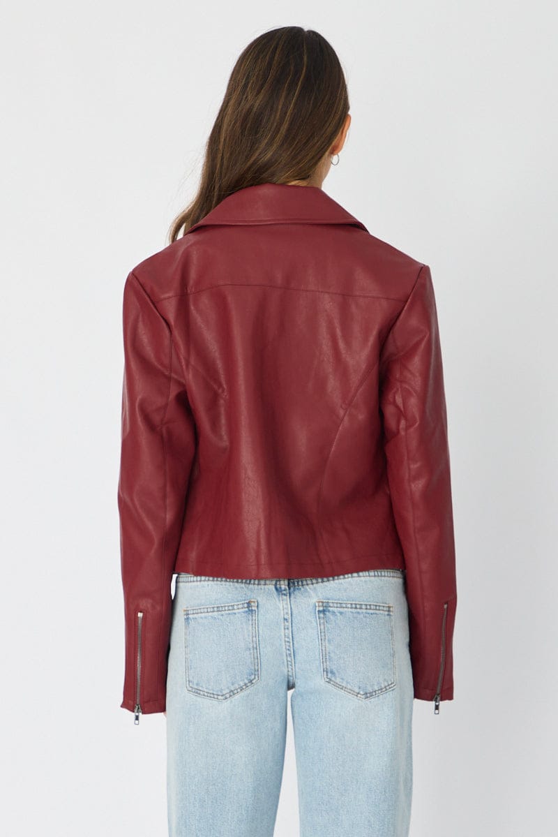 Red Faux Leather Jacket Long Sleeve for Ally Fashion