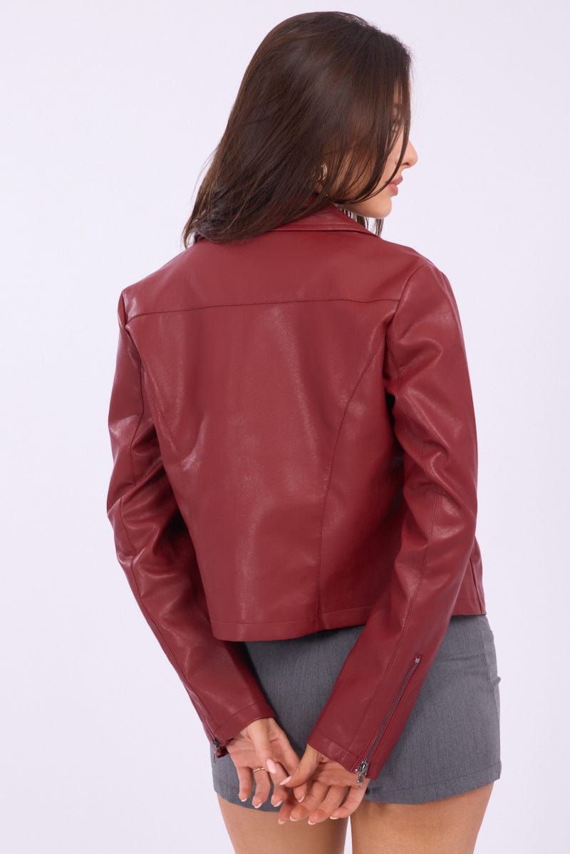 Red Faux Leather Jacket Long Sleeve for Ally Fashion