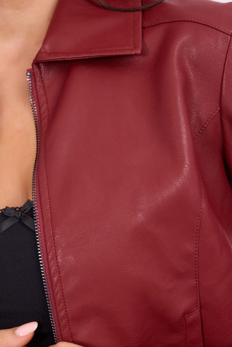 Red Faux Leather Jacket Long Sleeve for Ally Fashion