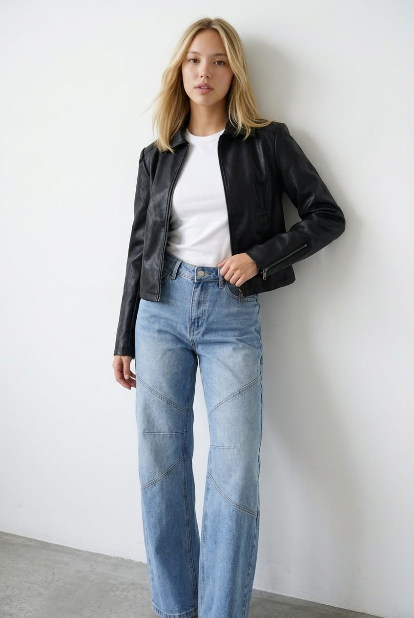 Black Faux Leather Jacket Long Sleeve for Ally Fashion