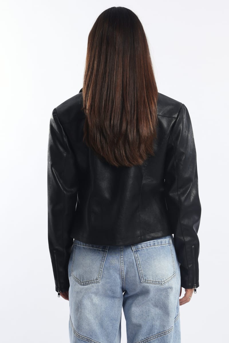 Black Faux Leather Jacket Long Sleeve for Ally Fashion