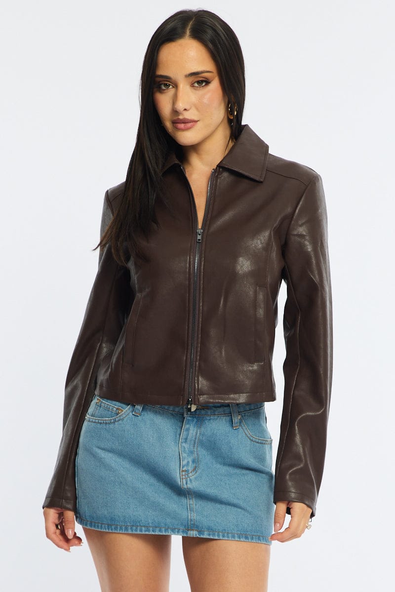 Brown Faux Leather Jacket Long Sleeve for Ally Fashion
