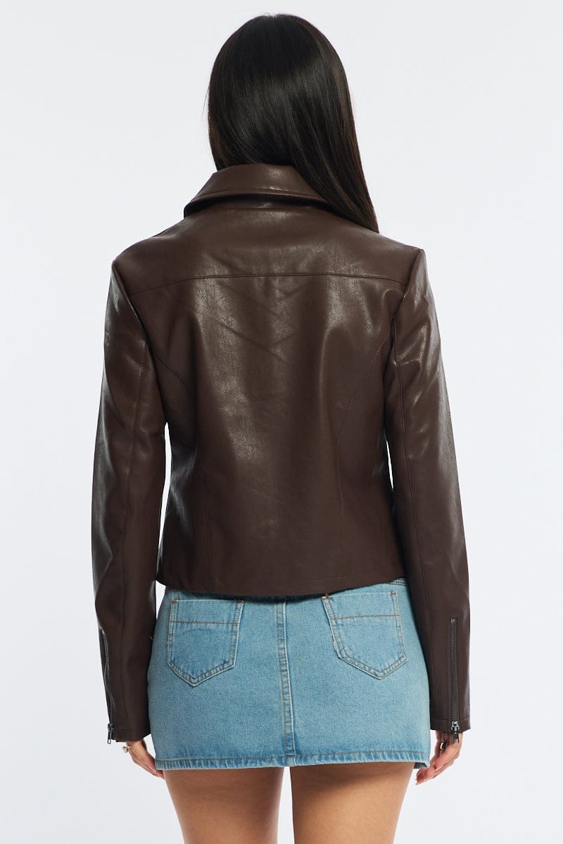 Brown Faux Leather Jacket Long Sleeve for Ally Fashion