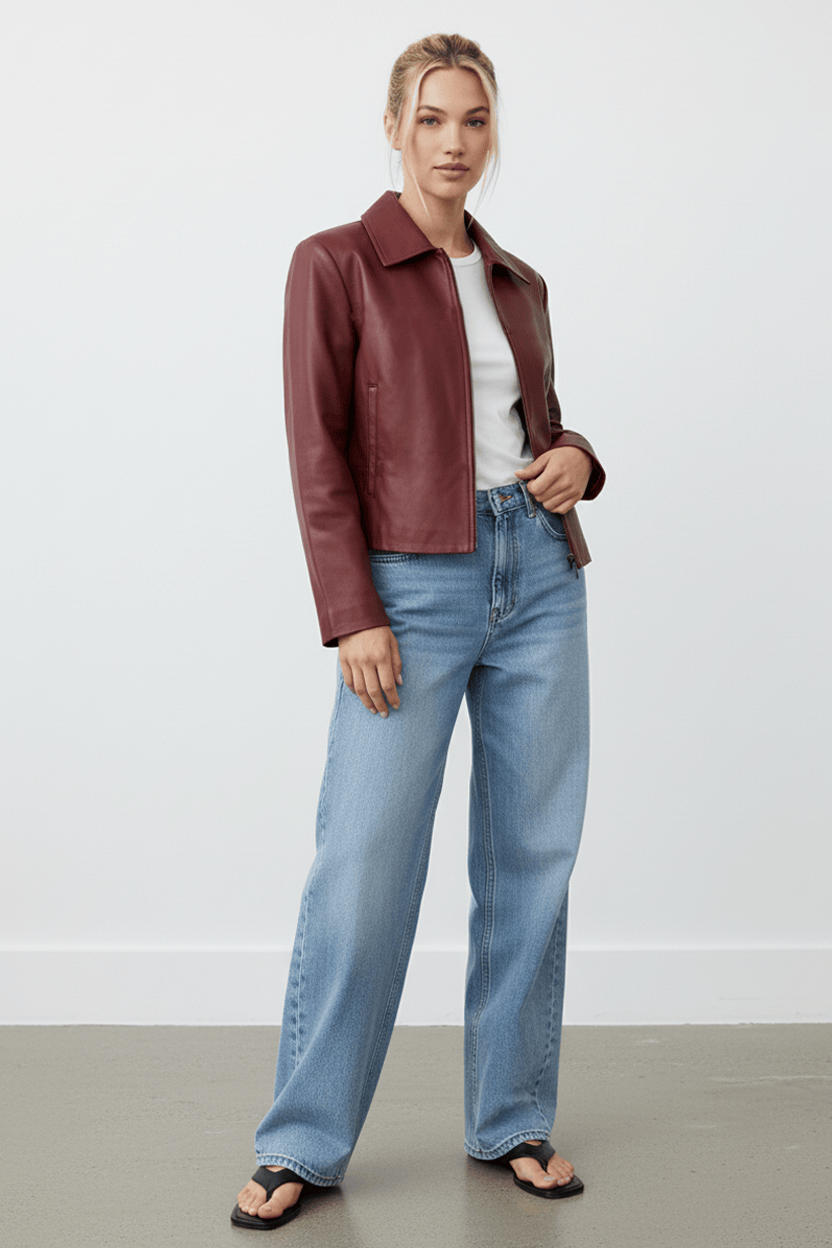 Red Faux Leather Jacket Long Sleeve for Ally Fashion