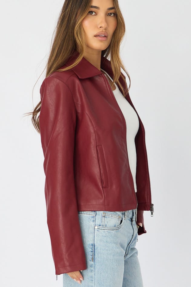 Red Faux Leather Jacket Long Sleeve for Ally Fashion